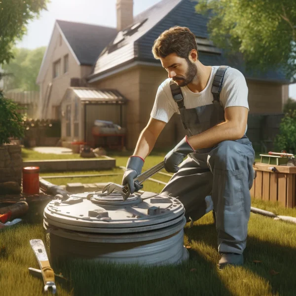 man working on a residential septic tank in san diego