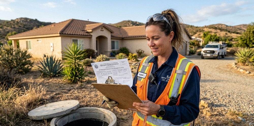 Licensed septic technician reviewing San Diego County septic compliance documents at residential property