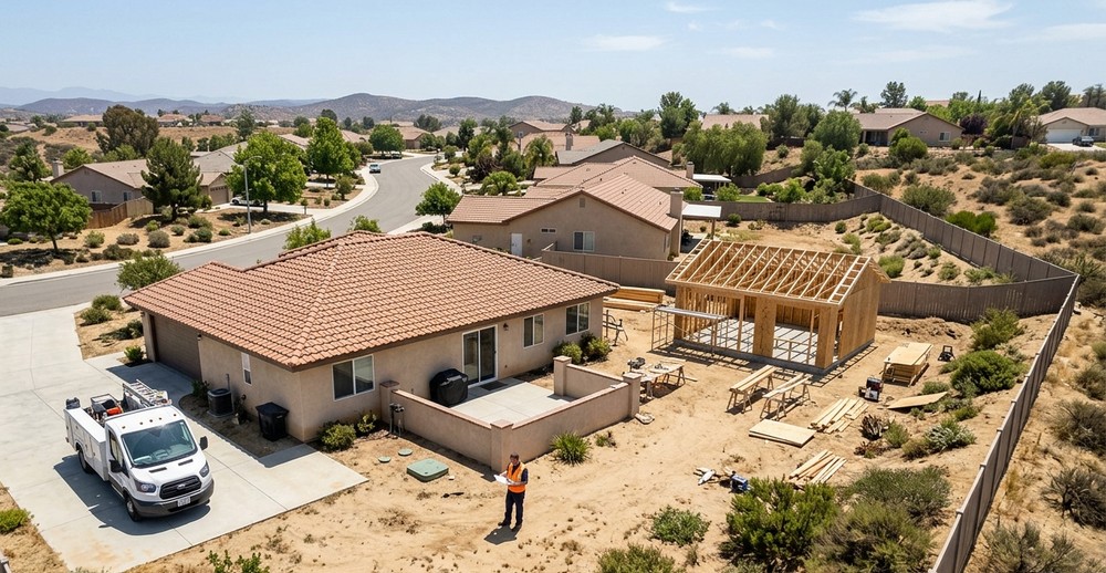 Septic technician reviewing ADU septic system documents at a San Diego residential property