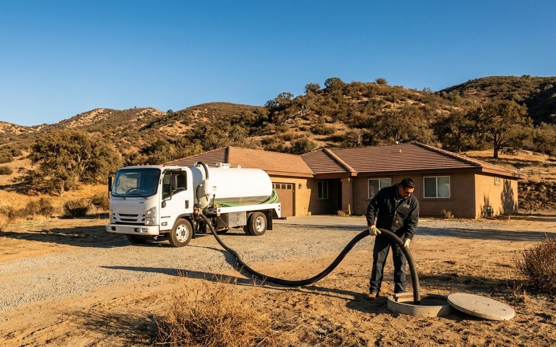 Technician performing Alpine septic pumping at a foothill ranch home