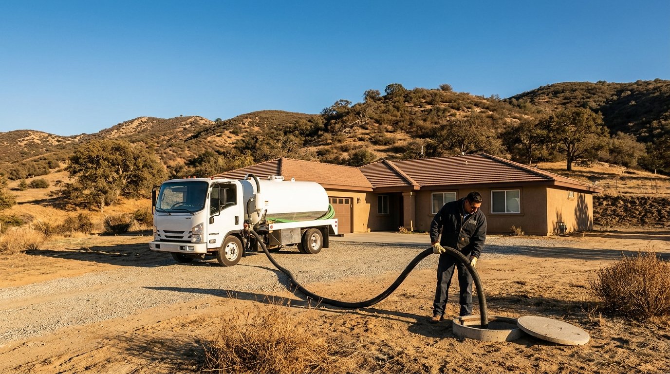 Technician performing Alpine septic pumping at a foothill ranch home