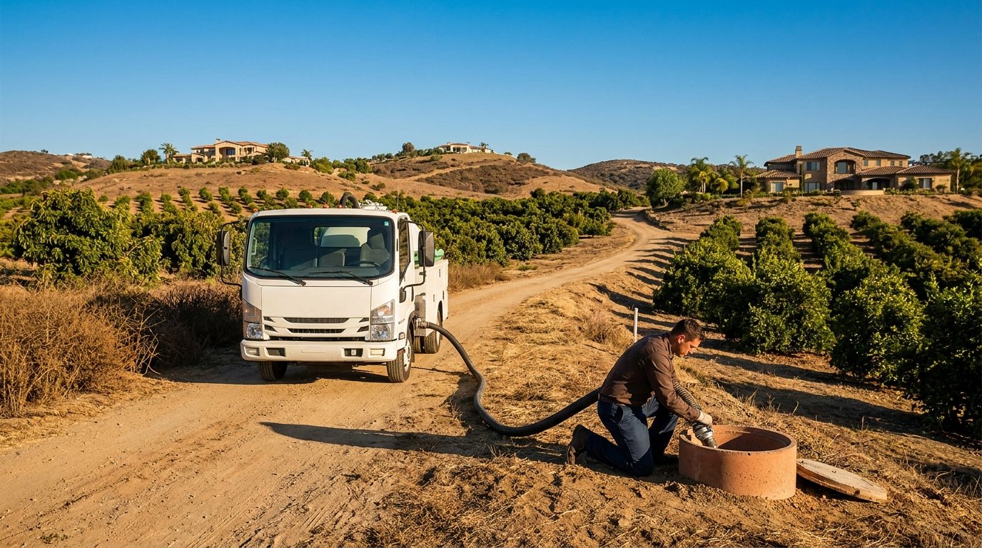 Fallbrook septic pumping at an avocado grove estate on rolling hills