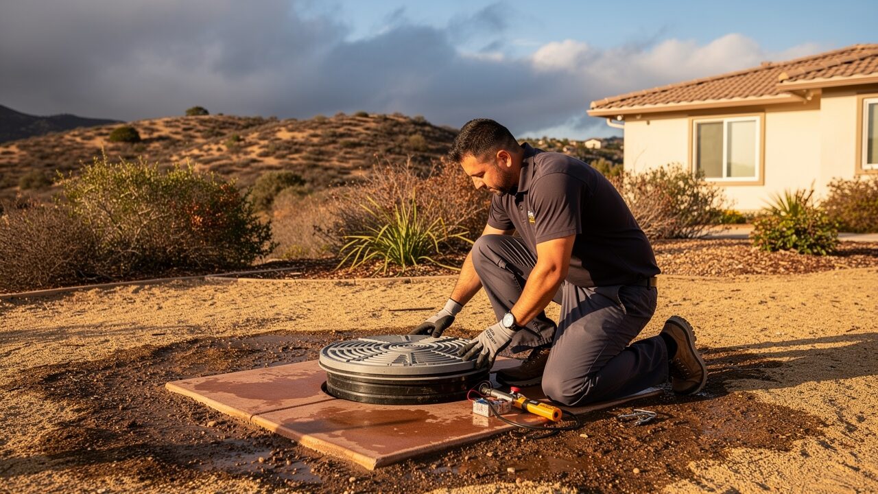 Septic technician inspecting a residential tank access lid before San Diego rainy season