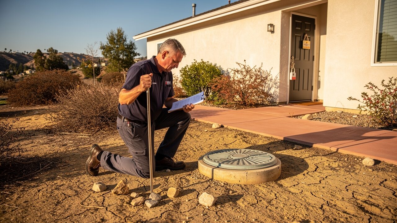 Septic inspector assessing a residential system access lid during a real estate inspection in San Diego