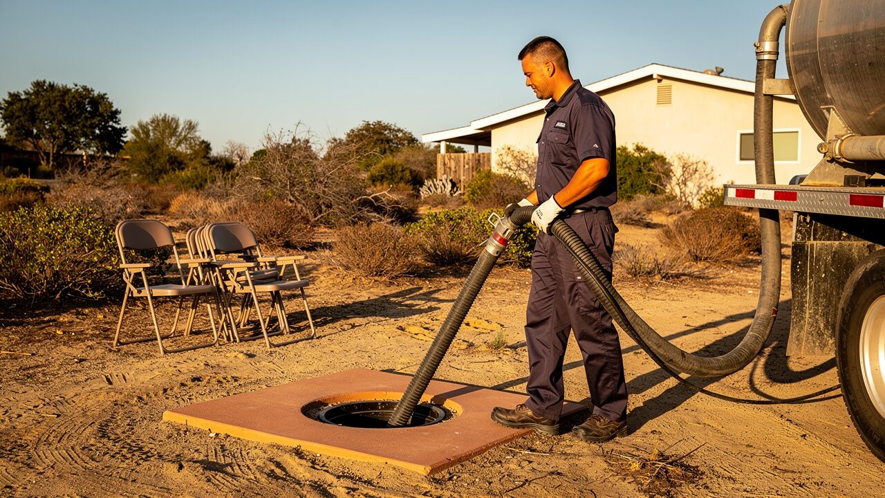 Septic service technician pumping a residential tank at a San Diego backyard property in summer