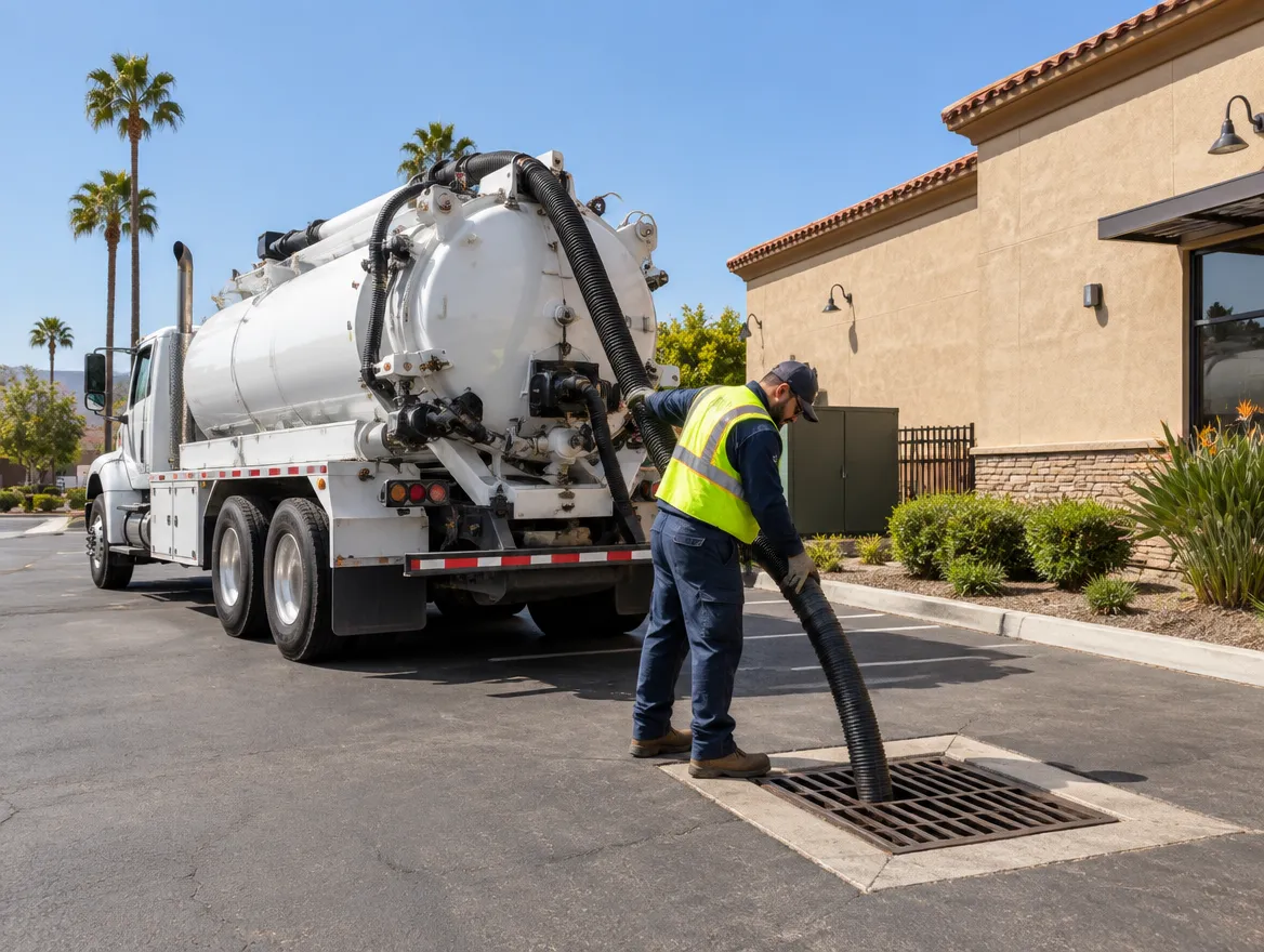 Vacuum truck pumping a storm drain catch basin at a San Diego commercial property