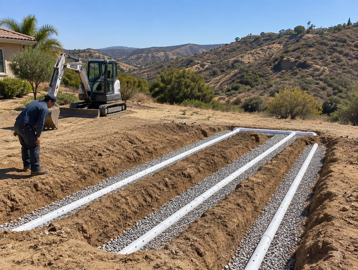 Septic drain field leach lines with perforated pipe on gravel being installed on a San Diego property