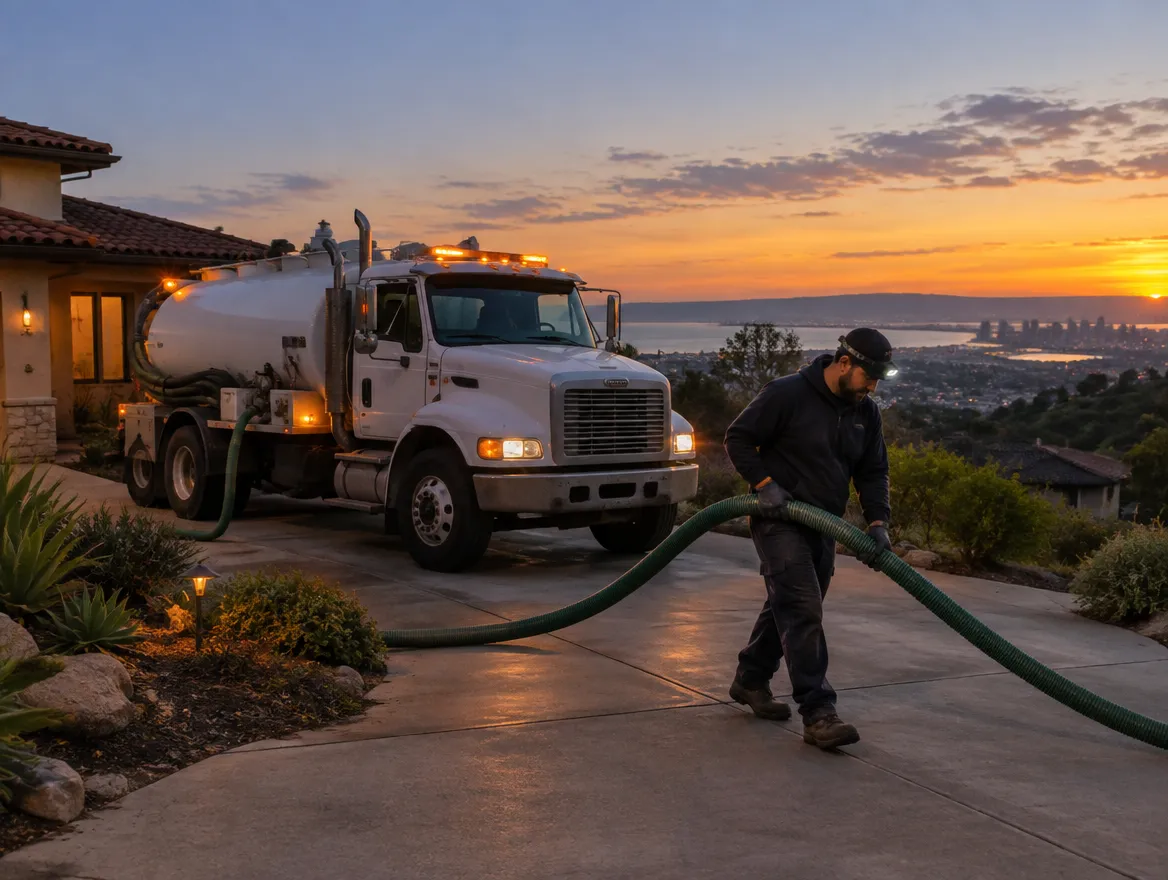 Septic pump truck with work lights on an after-hours emergency septic call at a San Diego hillside home