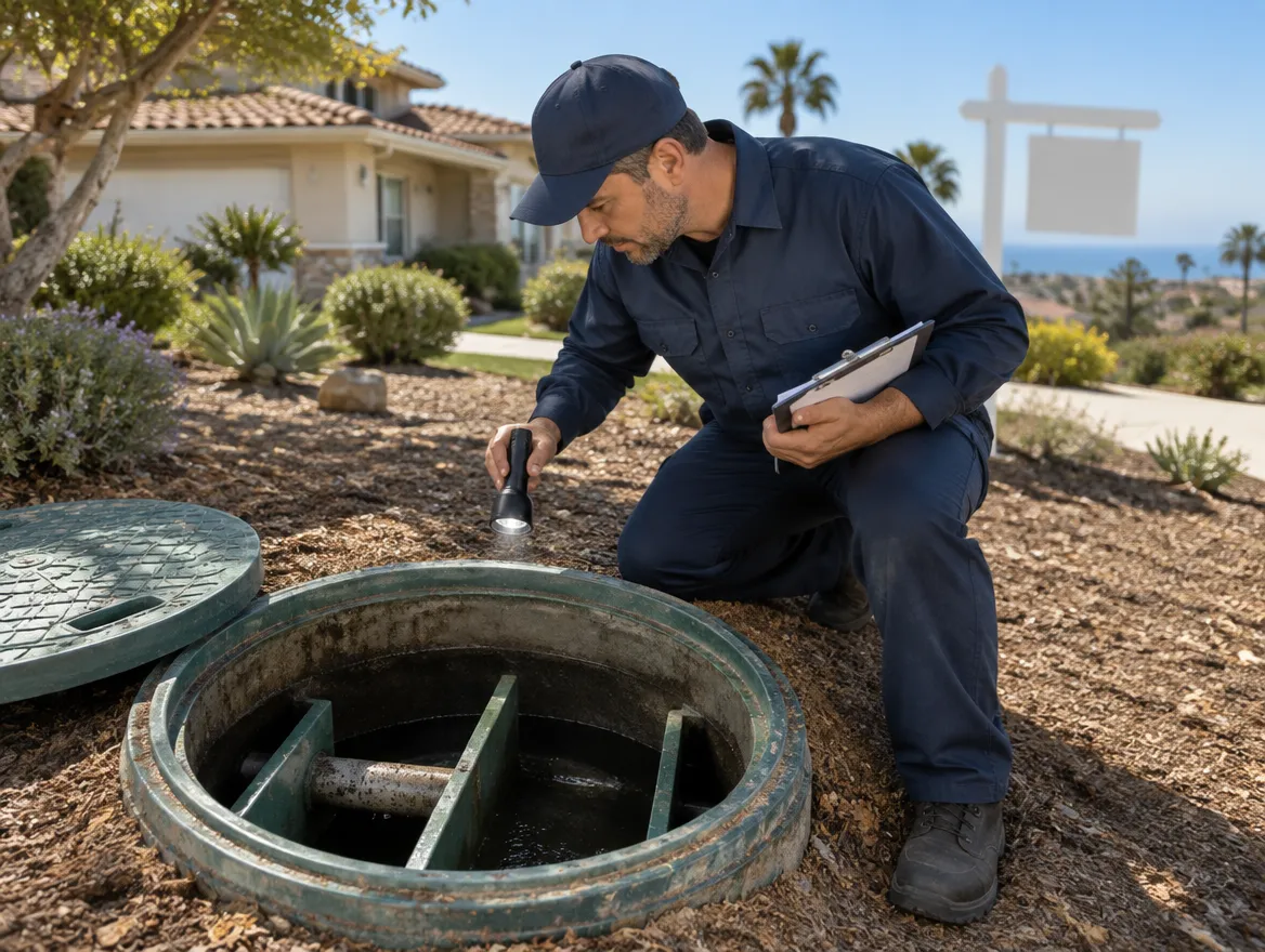 Septic inspector checking tank baffles with a flashlight during a real estate septic inspection in San Diego