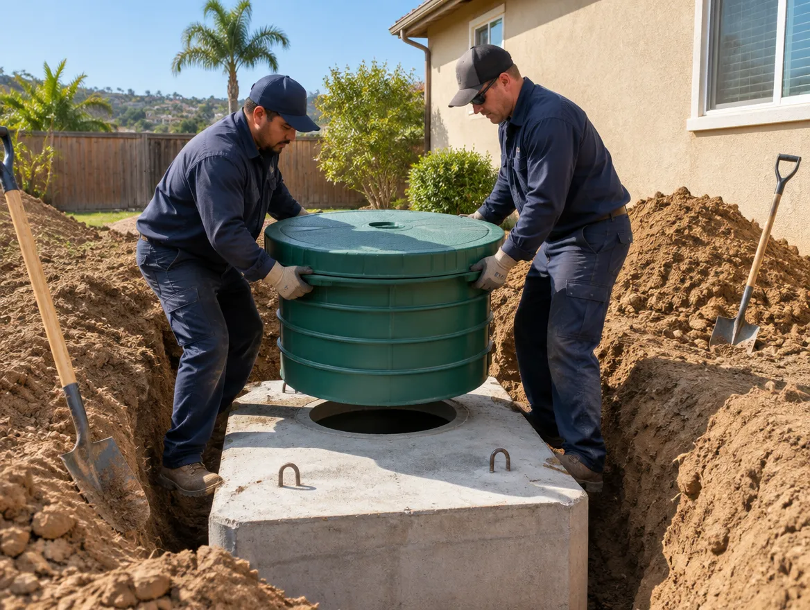 Technicians installing a green septic tank riser on a concrete septic tank in San Diego