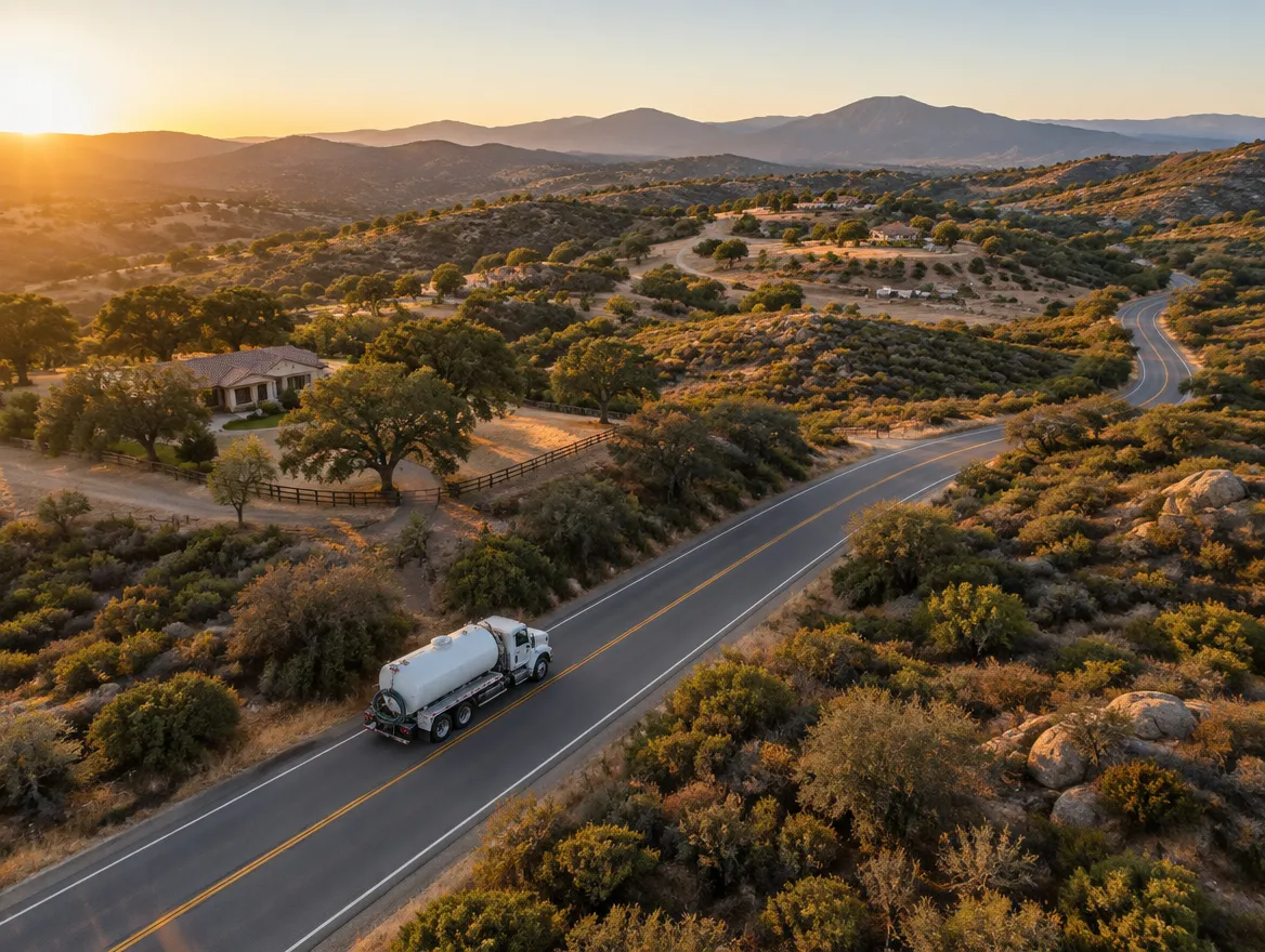Septic service truck driving through San Diego County backcountry hills at golden hour