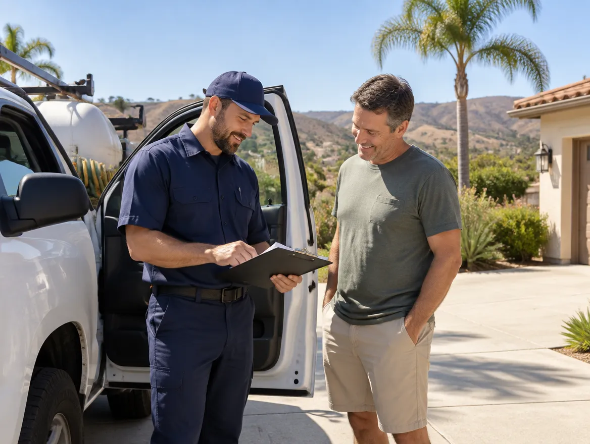 Septic technician reviewing a work order with a San Diego homeowner beside the service truck