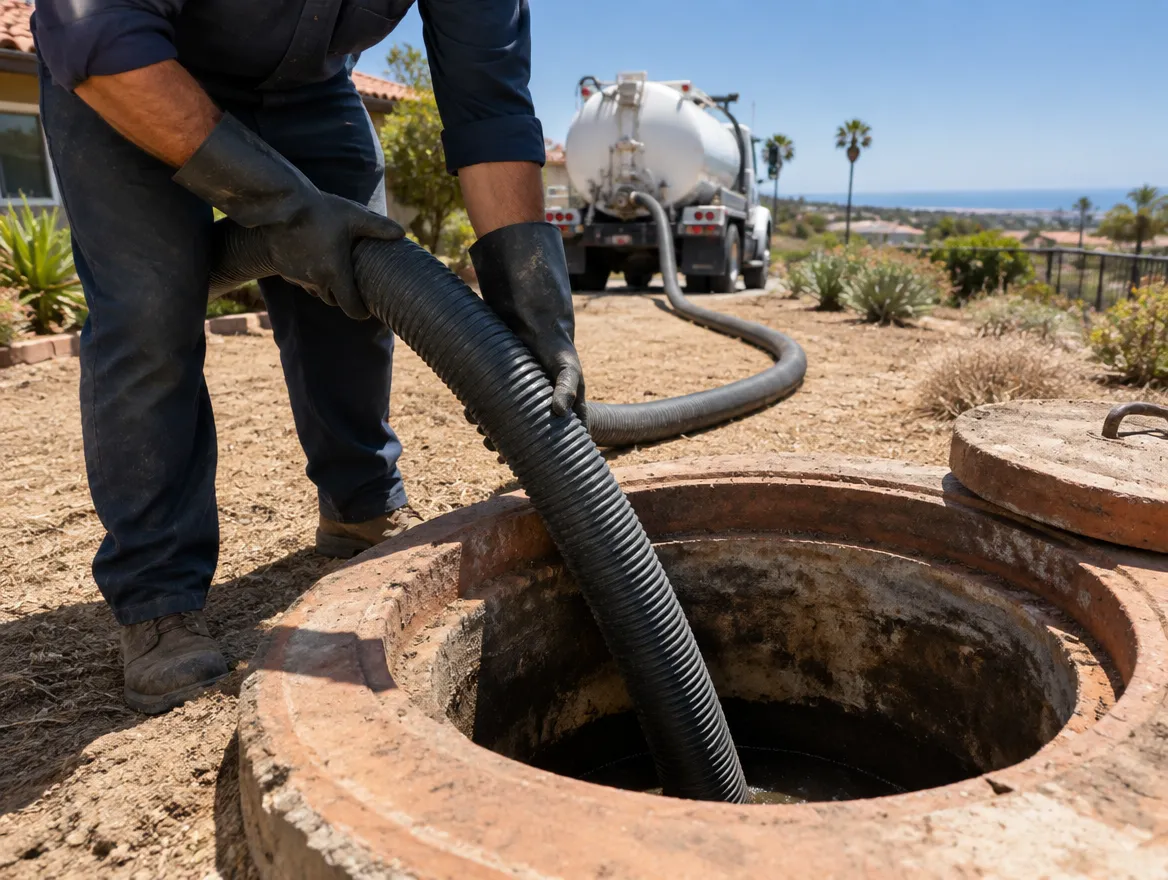 Technician guiding vacuum hose into an open septic tank during septic tank pumping in San Diego